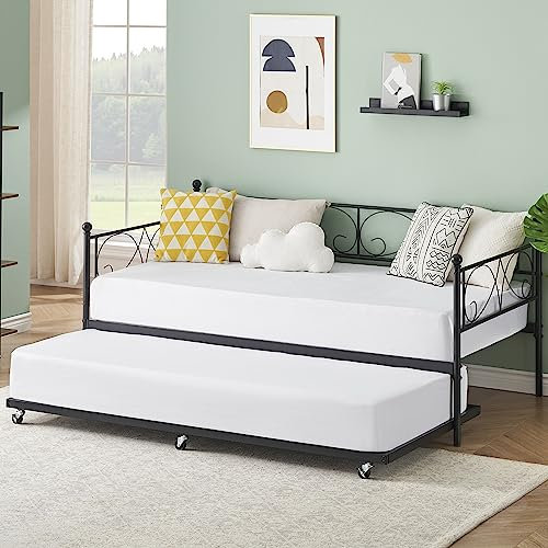 Twin Daybed with Trundle, Metal Sofa Single Bed Frame with Heavy Duty Metal Slats & Stylish Headboard, No Box Spring Needed, Multifunctional Platform Bed for Bedroom Living Room Guest Room, Black
