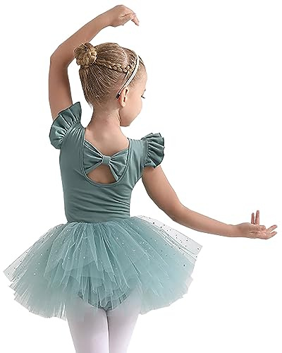 Ragazza Vestito da Balletto Gonne tutù per Ragazze in Tulle a 4 Strati Body per Danza tutù da Balletto Leotard Vestito Ginnastica Manica Corta Ballerina Bambina Body,140, Green