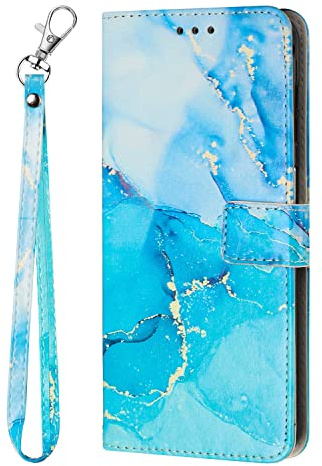 VQWQ Mobiltelefonfodral för Samsung Galaxy S21 FE – målad marmor läder, vikbart fodral med stativ, kortfack, magnet med silikon, stötfångare, flip skyddsfodral för Samsung Galaxy S21 FE [YXDLS] -B&G
