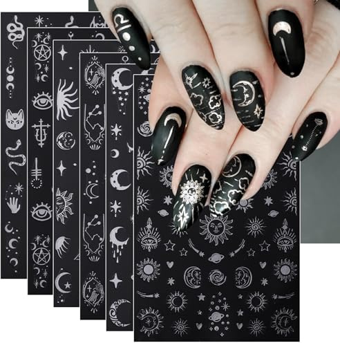 JMEOWIO 8 Sheets Moon Star Sun Nail Art Stickers Decals Self-Adhesive Silver Nail Supplies Nail Art Design Decoration Accessories