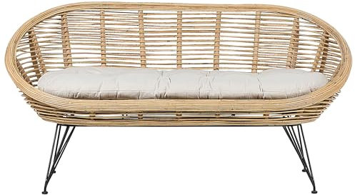 Beliani Gartensofa Rattan natürlich Auflage beige Metallbeine schwarz Boho-Stil Maratea