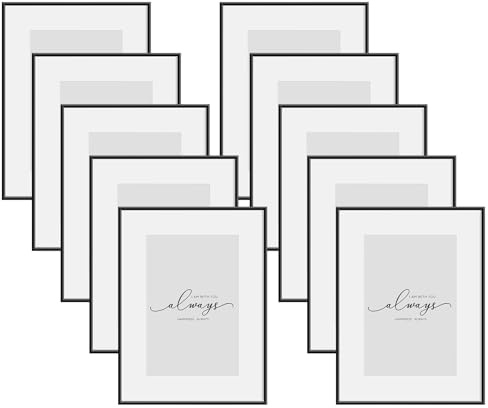 WOLTU Cadre Photo A4 21x29,7cm en Aluminium Noir, Lot de 10 Cadre Décoration Murales avec Passepartout, Mural et à Chevalet pour Montage Mural Vitrage en Plastique, BR9956sz-10