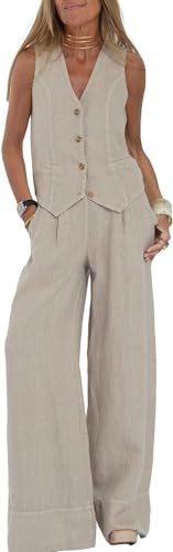 HUANGJB Conjunto de 2 piezas para mujer, cuello en V, sin mangas, chaleco con botones, pantalones de pierna ancha, traje blazer de verano de lino a juego, beige, S