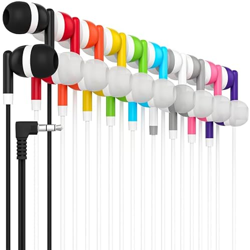 Maeline Paquete de 40 auriculares estéreo para niños, para el aula escolar, biblioteca, viajes, gimnasio, hospital, museos, conector de 3.5 mm, auriculares con cable sin enredos para reproductor de