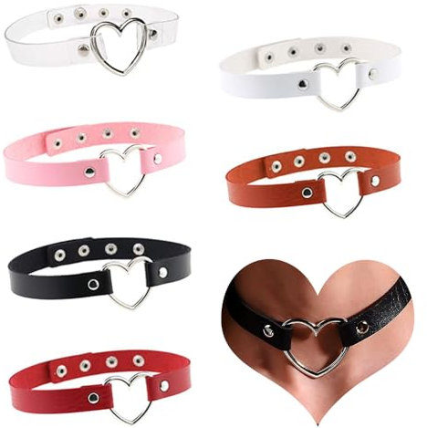 HEKOBAG 6 Stück Lederhalsband Herz Choker Halsband Gothic 6 Farben Kette Leder Halskette Einstellbar Damen Punk Kropfband Kragen für Frauen Mädchen Halloween Party