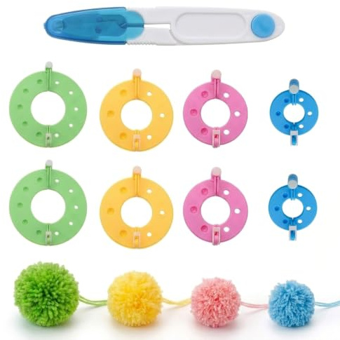 Bamyli Kit De Fabrication De Pompons, 8 Pom Pom Maker + Ciseaux | 9 Pièces 4 Tailles (3,5/5,5/7/9cm), Outil de Tricot DIY Loisirs Créatifs pour Bonnet, Poupées et Décorations