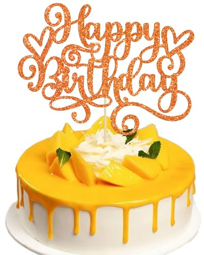 Gyufise 1Pcs Happy Birthday Cake Topper Glitter Cake Pick Bunting Decor for Anniversary Celebrating Party Cake Decorations Supplies Orange