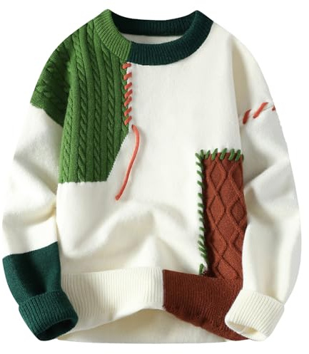 GURUNVANI - Maglione patchwork da uomo, a colori a blocchi, lavorato a maglia intrecciata, oversize, Verde, L