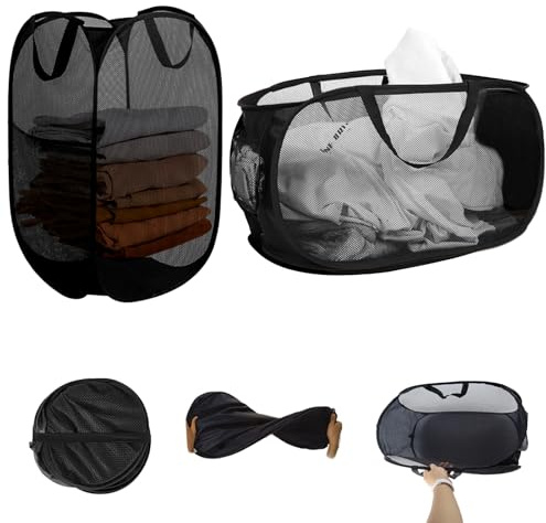 Lot de 2 paniers à linge pop-up pliables (35 x 35 x 55 cm/36 x 35 x 58 cm) - Panier à linge pliable en maille avec anse - Pour salle de bain, camping, collège, dortoir et voyage (noir)