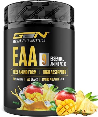 Polvere EAA 532 g (38 porzioni) - Tutti i 9 aminoacidi essenziali incl. istidina e BCAA - Formula Human Code - Vegano - Molto solubile - Bevanda di amminoacidi rinfrescante (Mango Pineapple)