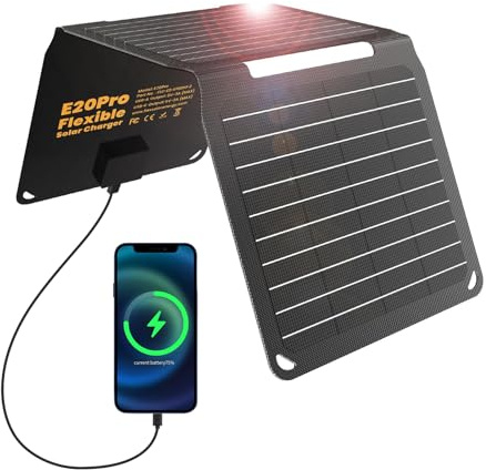 FlexSolar Cargador solar portátil plegable de 20 W – USB-A y USB-C, 5 V 3 A, IP67 resistente al agua y al polvo, panel solar de alto rendimiento para exteriores, senderismo, camping, emergencias