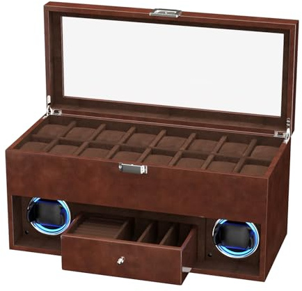 XTELARY Double Remontoir pour 2 Montres automatiques avec vitrine de Montre à 16 Compartiments, boîte à tiroirs, 4 Modes de Rotation, Coussin de Montre réglable et lumière LED Bleue pour Les Amateurs