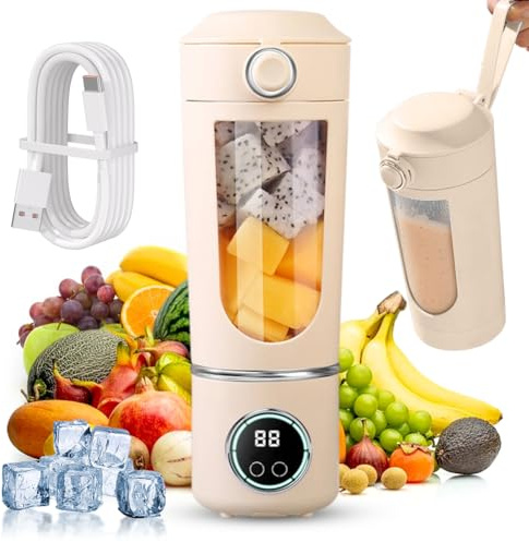 Tragbarer Mixer, Mini Standmixer Blender, 700ml Tragbarer Mixer Smoothie Maker, With 12 Stainless Steel Blades, Rechargeable Juicer for Milkshakes, Fruits & Vegetables, Digital Display (Beige)