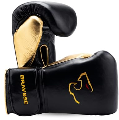 BRAVOSE Elite Pro Strap Boxing Gloves | Professional Leather Boxing Gloves for Punching Training, Sparring, MMA Kickboxing, Muay Thai Made By Premium Cow Hide Leather (Black Gold, 14 Oz)