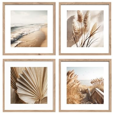 STYLER Bilder i set Boho Dreams 4 x 30 x 30 cm (redo att hängas upp) med högkvalitativ träram – mjuka kustststunder för ditt hem – beige, sand, natur, minimalistisk, boho