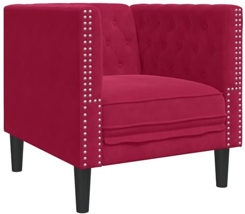 YUTAASU Poltrona Chesterfield in velluto rosso vino con cuciture a bottoni, seduta e braccioli imbottiti, comoda poltrona da lettura per soggiorno