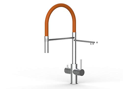 5 Wege MASSIV REINSTARMATUREN EDELSTAHL AISI 316 Küchenmischer Armatur für Kühl-und Sprudelaggregate, m/Schwenkauslauf u/abnehmbarer 2strahl Brause - Gebürstetes Stahl-Finish (Orange)
