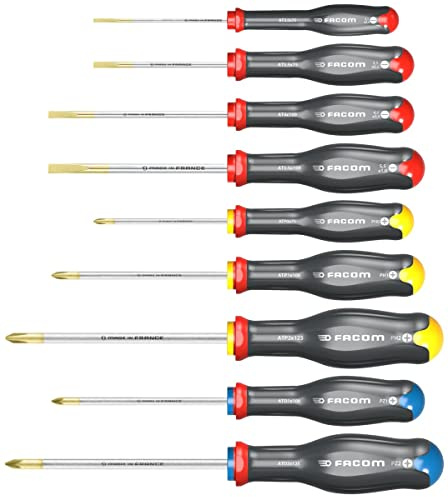 FACOM Set of 9 Protwist Screwdrivers - Ergonomic Non-Slip Handles - 4 Slot + 3 Phillips + 2 Prozidriv - At.9Pb Multi-Coloured