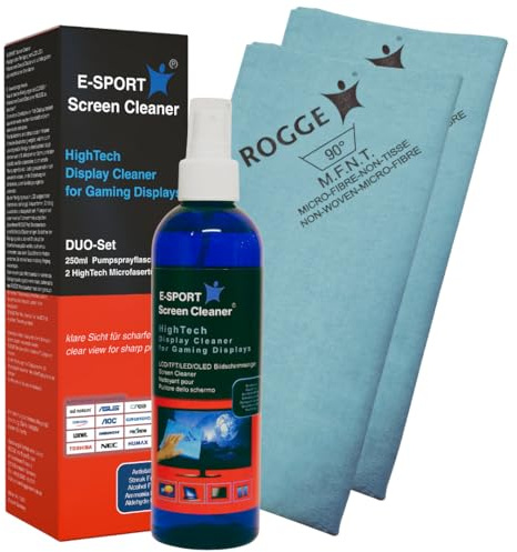 Rogge E-Sport skärmrengöring, 250 ml HighTech Display Cleaner för spelskärmar inkl. 2 proffs mikrofiberhanddukar 38 x 40 cm.
