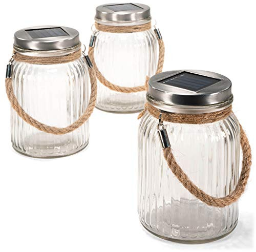 Solarglas 3er Set mit je 3 LED Solar warmweiß mit Aufhänger Einmachglas Gartenbeleuchtung Ø 11cm, Höhe 15,5 cm Party Garten Licht für Außen mit Solarpanel Sonnen Energie Beleuchtung