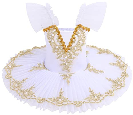 Vestido de Baile de Ballet para Niñas Bordado Floral Decoración de Perlas Mono de Gimnasia Leotardo Tutú Falda Princesa Hada Bailarina Ropa de Baile Disfraz de Bailarín Blanco 11-12 años