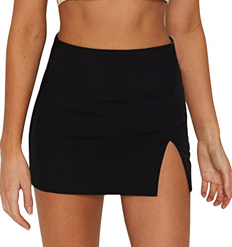 EG CHRIS G Women's High Waist High Slit Sexy Stretch Fitted Bodycon Black Mini Skirts (M, Black-2
