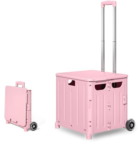 The Fellie Foldable Shopping Trolley with Lid, 45L Boot Cart with Wheels and Adjustable Telescopic Aluminium Handle, Portable Collapsible Utility Trolley Box for Shopping, Storage, Travel(30KG, Pink)