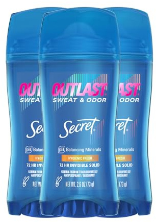 Secret Outlast Antiperspirant Deodorant for Women, 72hr Sweat & Odor Protection, Ph Balancing Minerals, Invisible Solid, Hygienic Fresh Scent, 2.6 oz (Pack of 3)