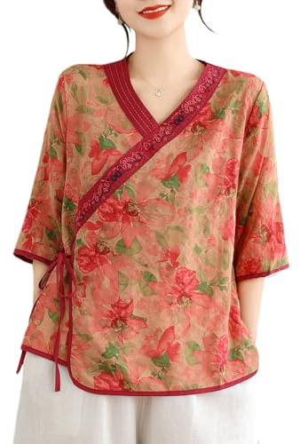 YM YOUMU Vestido tradicional chino para mujer, blusa de verano, mangas a medias, cuello en V, de algodón y lino, estilo étnico Qipao