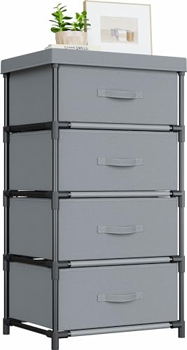 WANGIRL Cómodas y Cajoneras de Tela, Cajoneras Armario con 4 Cajones, Marco de Metal, Cajoneras Dormitorio para Salon, Oficina, Vestidor, Cuarto de Invitados - Gris