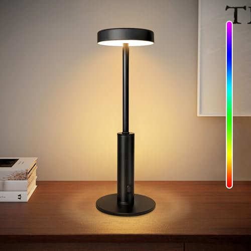 Smanu LED Rechargeable Table Lamp,Battery Operated Lamps,3 Colors & 7 RGB Stepless Dimmable Cordless Bedside Lamp Night Light Touch Control Ambient Lamp for Bedroom,Living Room,Bar,Camping,Dating