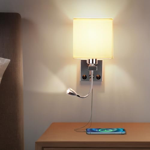 ZONJIE Luz de la Mesilla de Noche, Lámpara de Pared de Lectura LED Lámpara de Pared Moderna Dormitoriocon Foco de Cuello de Cisne Ajustable, Interruptores Dobles, Con Puerto USB para Cargar E27