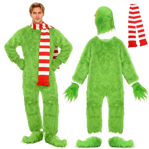 Costume da mostro verde per adulti, 5 pezzi, tuta pelosa con maschera, guanti, scarpe, sciarpa, vestito deluxe per feste di Carnevale (XXL)