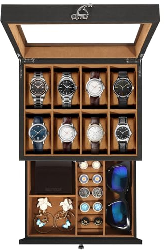 Uten Scatola Porta Orologi a 8 Scomparti, 2 Livelli Porta Orologi Legno, Coperchio in Vetro, Cuscino di Seta, Fodera Marrone, Idea Regalo, Catola Portagioielli per Orologi Uomo e Donna