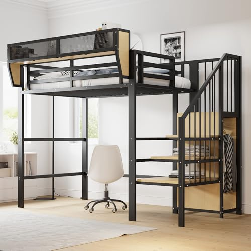 Letto a soppalco Lettino 90x200 cm, castello in metallo, scale, armadio, scaffalatura rimovibile, protezione anti-caduta, rete a doghe, senza materasso