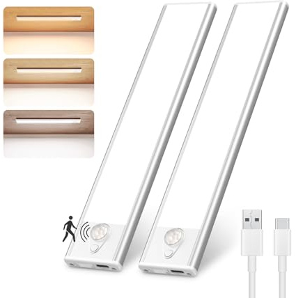 Liyade LED-skåpbelysning med rörelsedetektor, USB-/batteridriven underskåpslampa, uppladdningsbar skåplampa för kök, garderob, trappa och husbil, 2 st.