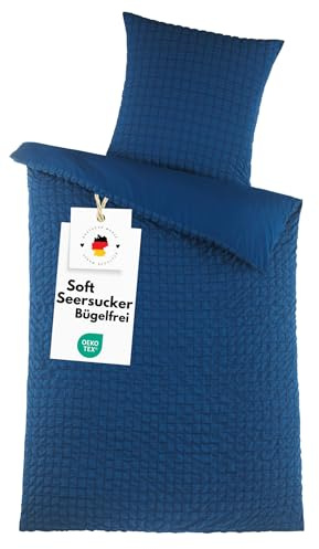 Carpe Sonno Seersucker Bettwäsche 135x200 Mikrofaser [2-in-1 Materialmix] | Leicht kühlende Bettwäsche Seersucker 135x200 | Uni Sommer Bettbezug 135 x 200 | Bügelfreie Sommerbettwäsche einfarbig Blau