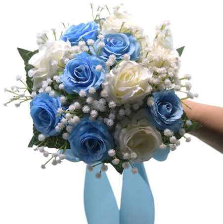 TENVORA Ramos de Novia,Ramo de Novia Flores Preservadas Ramos de Novia for la Novia, Ramo de Flores Artificiales Blancas con Cinta de Seda y Encaje, decoración de Boda campestre.(B-Blue)