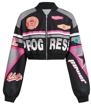 Floerns Women's Letter Print Bomber Jacket Long Sleeve Motorcycle Crop Racing Jacket Black X-Small