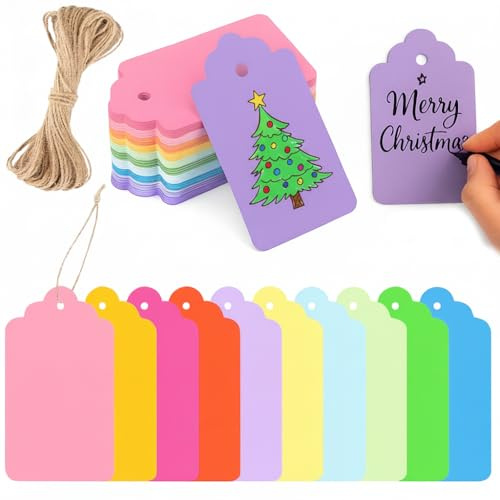 100PCS Colorful Gift Tags with String, Christmas Gifts Paper Tags for Presents, Hanging Price Tags with String, Blank Labels for DIY Birthday Gift Box, Christmas Xmas Gift Wrapping Accessories