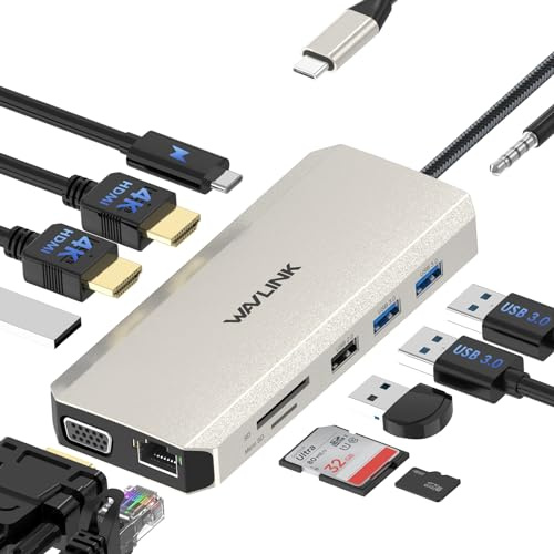 Station d'accueil USB-C 12 en 1, adaptateur triple écran WAVLINK de type C avec 2 ports HDMI 4 K et 1 port VGA 2K, charge pour ordinateur portable de 85 W, Ethernet, microSD et lecteur de carte SD