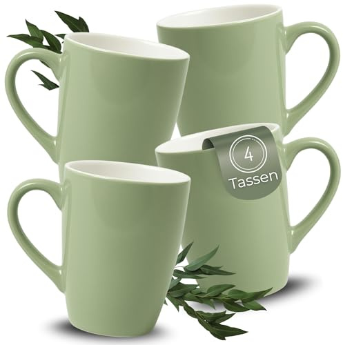 Set di 4 tazze da caffè in ceramica matches21 HOME & HOBBY, 340 ml - Tazze da tè per 4 persone in salvia, bicchieri da caffè lavabili in lavastoviglie