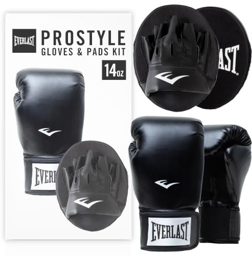 Everlast Prostyle 2 Kit Guanti da Boxe e Colpitori 14oz, Neri, per Sacco e Lavoro ai Colpitori, Imbottiti in Schiuma - Equipaggiamento Everlast Originale