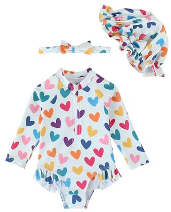 DivingBirds Bañador de manga larga para niña, traje de baño de una pieza con capucha, material elástico, diseño colorido para 3-24 meses