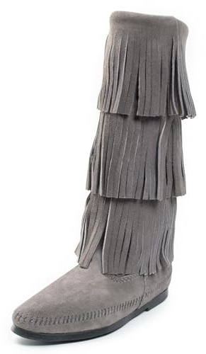 Minnetonka Women's 3-Layer Fringe Boot,Grey,5 M US