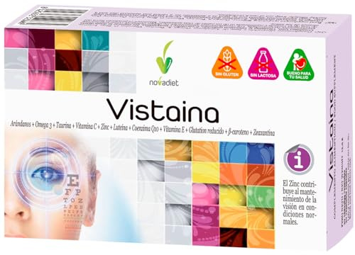 Novadiet - VISTAINA Cápsulas con Arándanos, Omega 3, Taurina, Vitamina C, Zinc, Luteína, Coenzima Q10, Vitamina E - Ayuda al Mantenimiento de la Visión y Protección Celular - 30 Cápsulas Vegetales