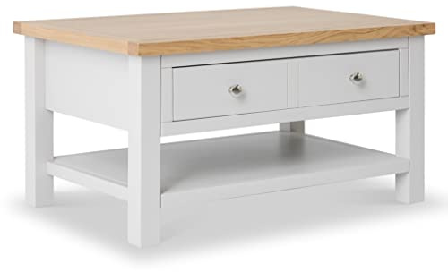 RoselandFurniture Farro Grey Large Coffee Table for Living Room with Storage Drawer, Shelves & Oak Top | Contemporary Painted Solid Wooden Rectangular Unit | H:45 W:85 D:55 cm