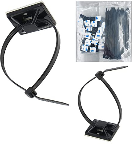 Strong Self Adhesive Wire Clips Cable Zip Tie Mounts 3/4 with 6 Inch Zipties Black UV Protection Outdoor 100 Pcs,Sticky Wire Fasteners Cable Guide Management Mounting Suqare Holder Anchor Base Small