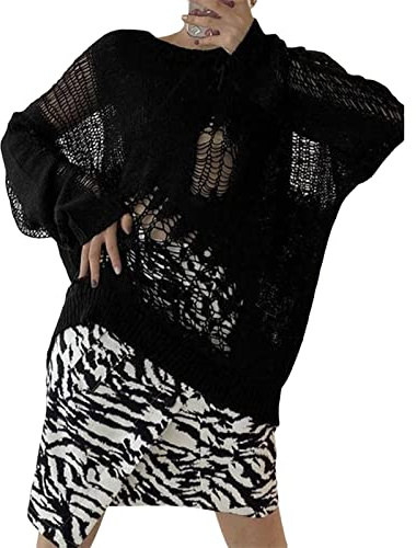 FeMereina Pull à manches longues en tricot au crochet pour femme avec trou creux déchiré - Cache-maillot en résille des années 90, Noir , Taille Unique