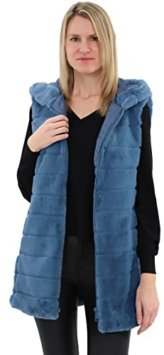 malito - Gilet da donna con cappuccio | gilet a costine in pelliccia sintetica | Gilet Teddy con cerniera CR-1958 (petrolio L), nero, L